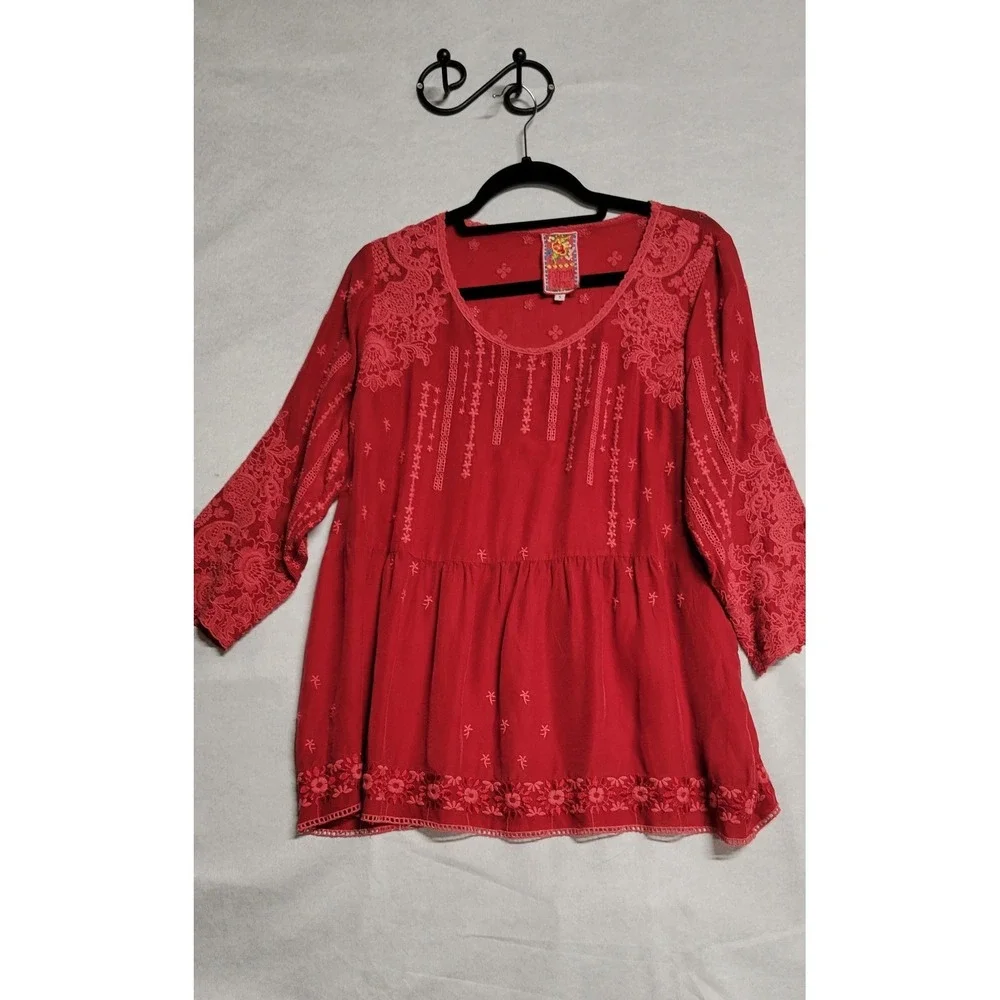 Red With Red Stitching And Crochet Trim Vented Front Ls Johnny Was Top Size S